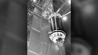 A 1964 photograph of a Centaur upper-stage rocket, before it was joined with an Atlas booster. NASA used a similar Centaur during the launch of Surveyor in 1966.