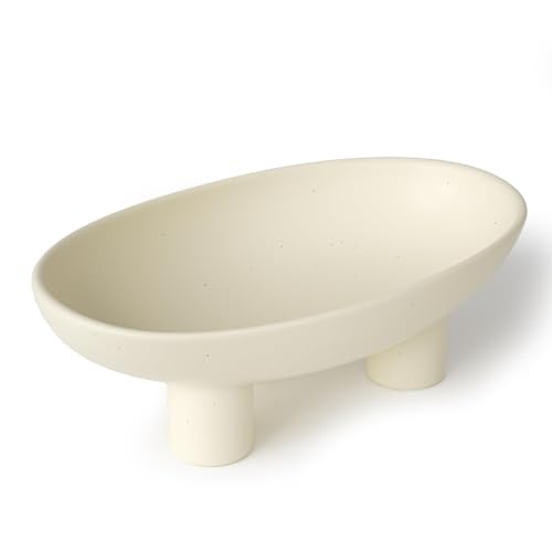 Relexome Three-Legs Ceramic Fruit Bowl for Kitchen Counter 10.24 Inch Modern Decorative Pedestal Bowl Oval Footed Serving Fruit Bowls Basket for Key Candy Breads Entryway Table Decor (matte Cr&amp;egrave;me)