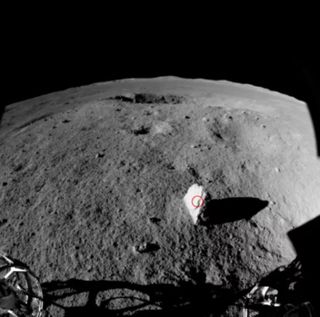 A navigation camera image of the elongated "milestone" rock spotted on the far side of the moon by China's Yutu 2 rover.