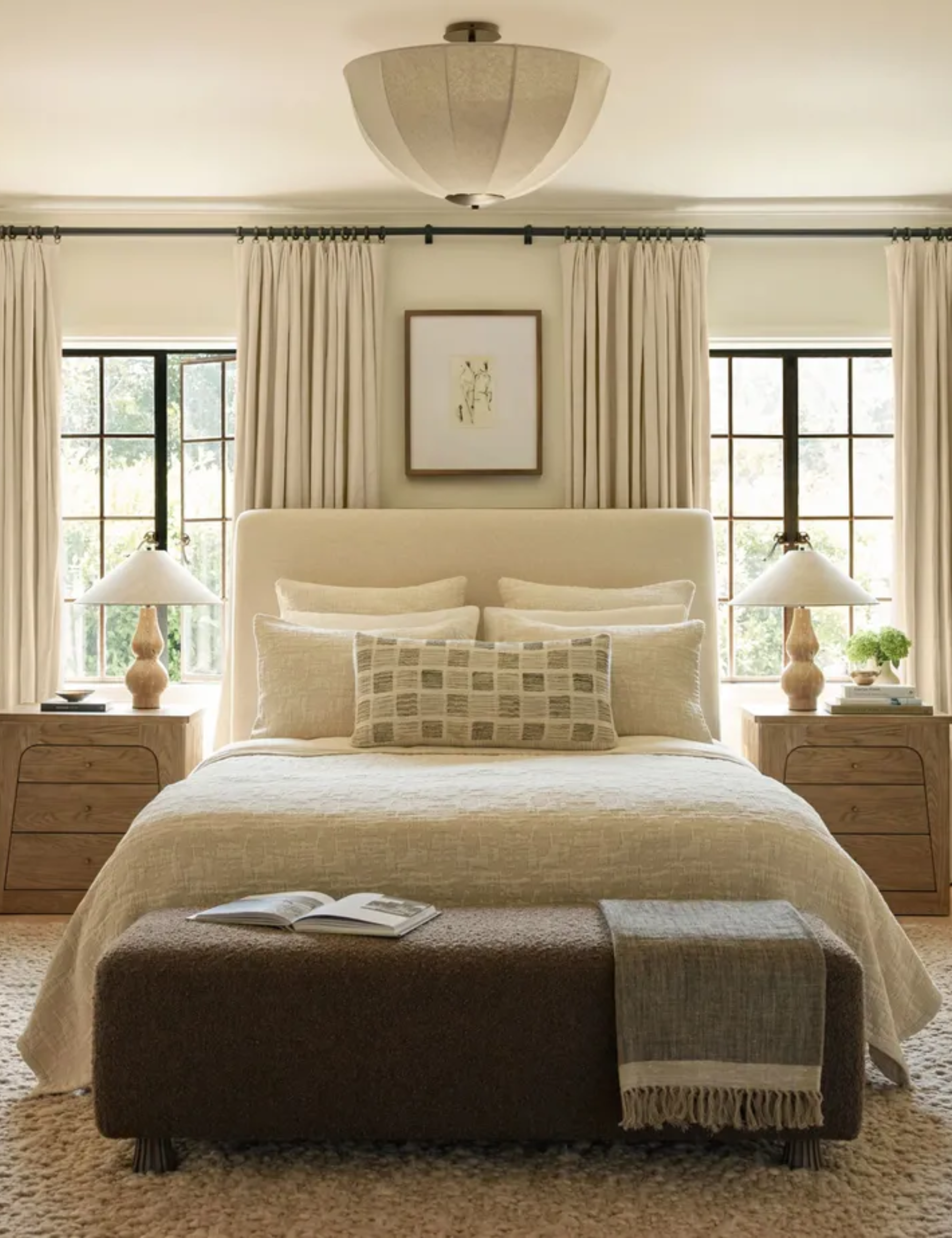 clean girl minimalist modern organic bedroom with neutral tones and wooden nightstands