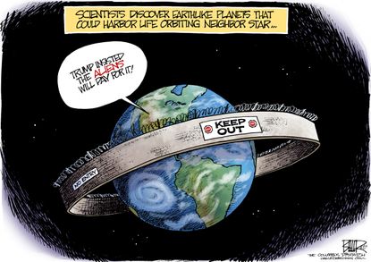 Political Cartoon U.S. Donald Trump NASA new planets border wall