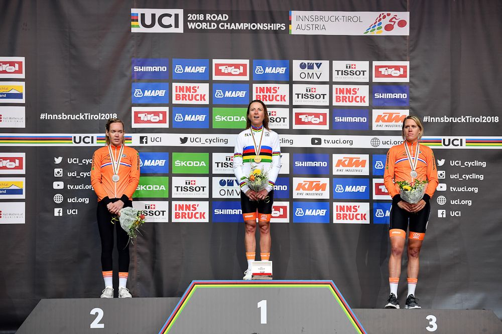 Dutch riders Ann van der Breggen, Annemiek Van Vleuten and Ellen van Dijk on the 2018 UCI Road World Championships time trial podium