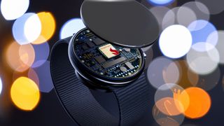 A Qualcomm Snapdragon Wear chip inside of a smartwatch with a bokeh background
