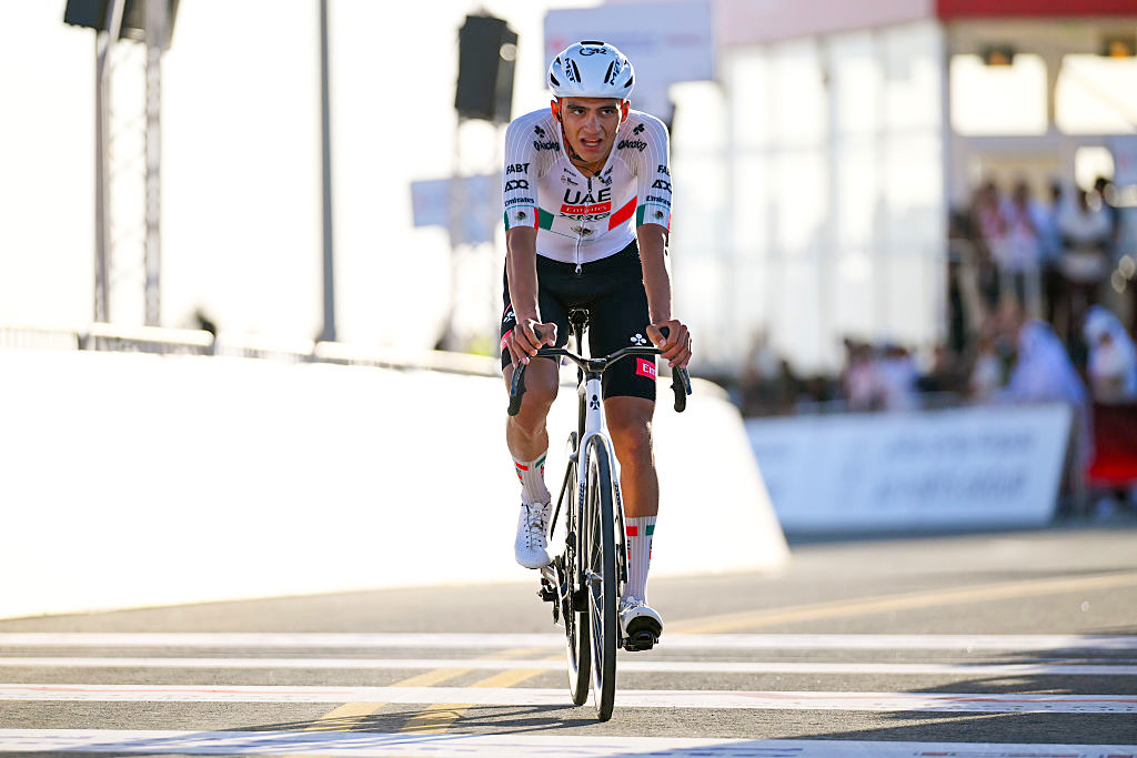 JEBEL MOBRAH, UNITED ARAB EMIRATES - FEBRUARY 18: Isaac Del Toro of Mexico and UAE Team Emirates - XRG crosses the finish line as second place winner during the 8th UAE Tour 2026, Stage 3 a 183km stage from Umm al Quwain to Jebel Mobrah 1229m / #UCIWT / on February 18, 2026 in Jebel Mobrah, United Arab Emirates. (Photo by Tim de Waele/Getty Images)