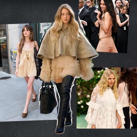 Daisy Edgar-Jones, Zoe Saldana, Sienna Miller, and Sydney Sweeney wearing Chloé fall/winter 2024 boho dresses.