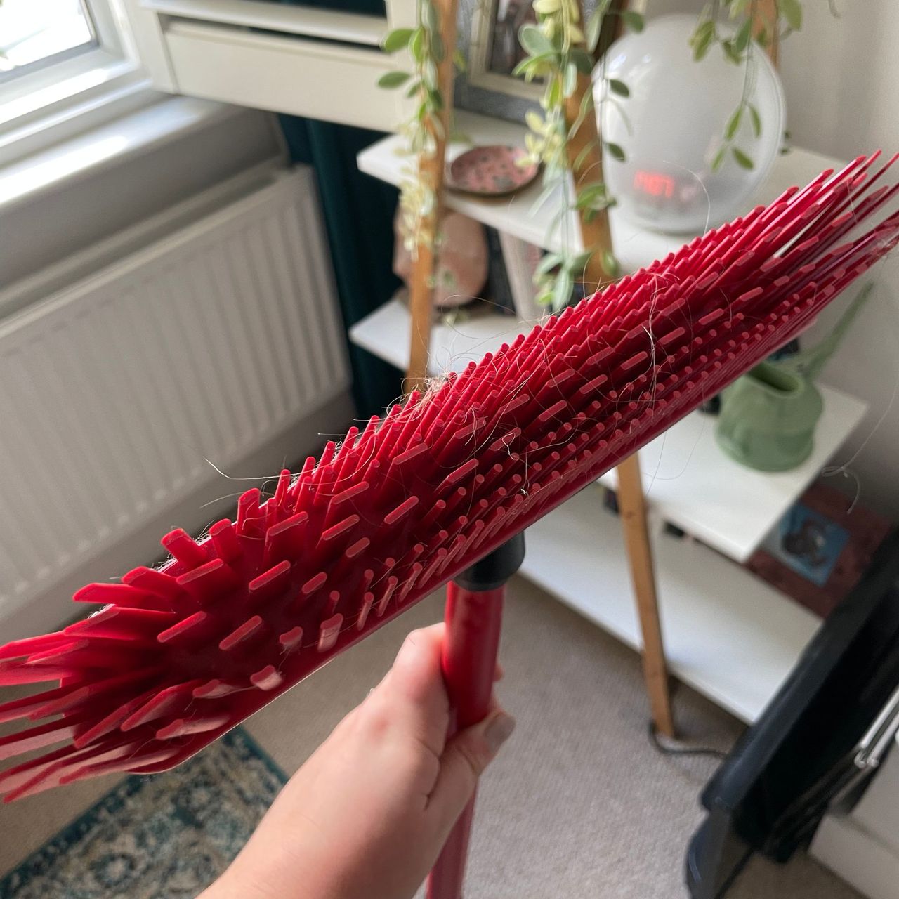 Holding the broom head of the Vileda pet broom in a bedroom