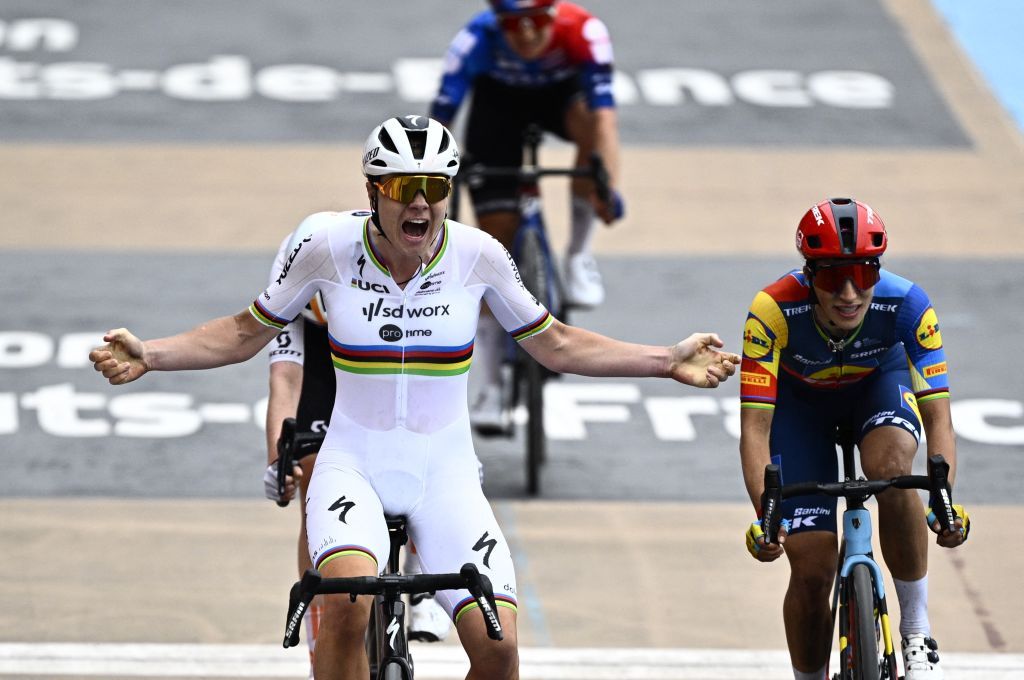Belgian Lotte Kopecky of SD Worx - Protime celebrates on the finish line as she wins ahead of second Italian Elisa Balsamo of Lidl-Trek at the 4th edition of the women elite race of the 'Paris-Roubaix' cycling event, 148,5 km from Denain to Roubaix, France on Saturday 06 April 2024.
BELGA PHOTO JASPER JACOBS (Photo by JASPER JACOBS / BELGA MAG / Belga via AFP)