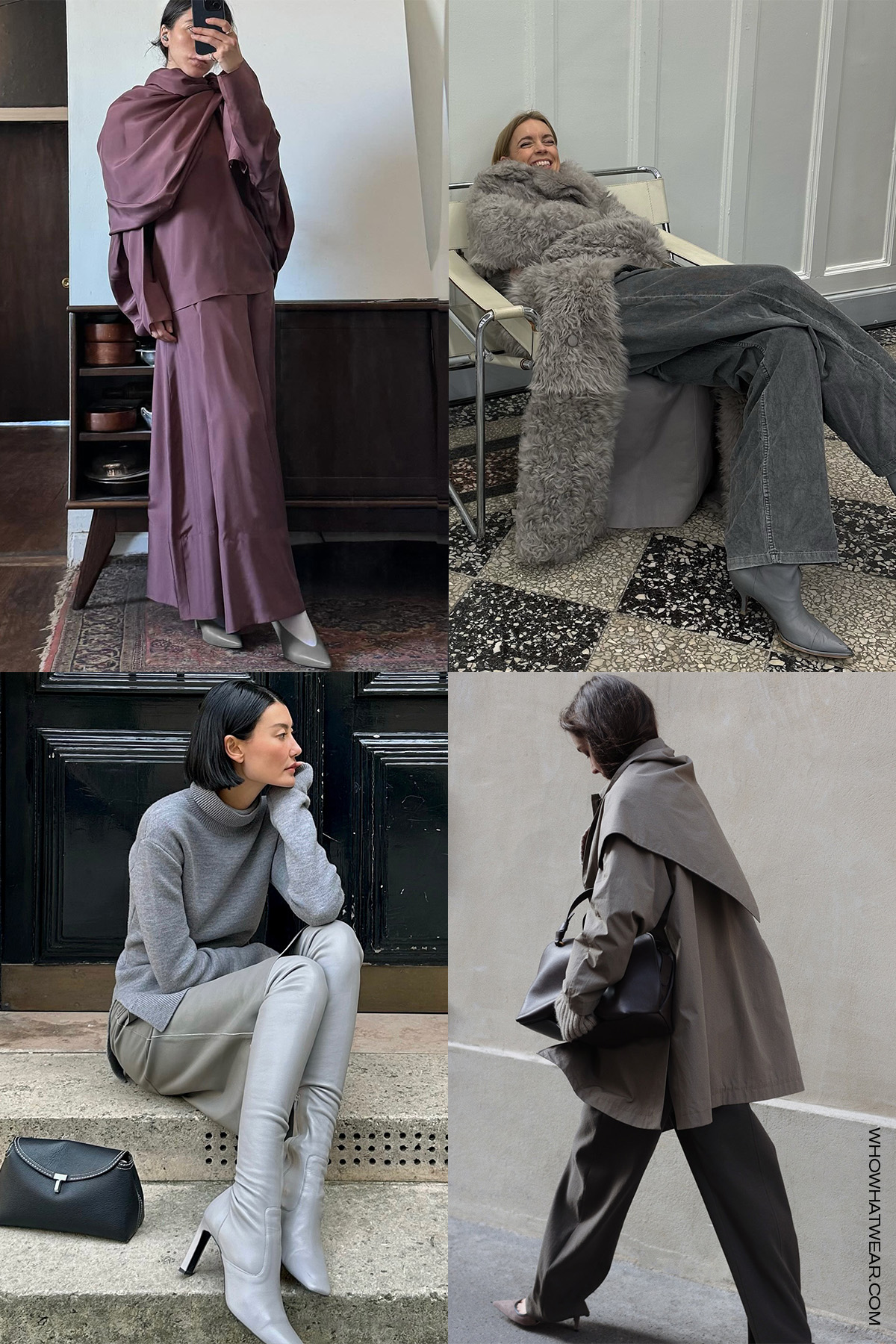 shoe color trends for fall 2025, specifically slate gray, shown in a collage of women&#039;s outfits. On the top left, a woman is wearing a red draped gown with slate gray slingback heels. On the top right, a woman is wearing a gray fur coat with matching jeans and gray ankle boots. On the bottom left, a woman is wearing a gray cape trench coat with gray trousers, gray suede heels, and a black bowler bag. On the bottom left, a woman is wearing a gray turtleneck, a gray skirt, and gray knee-high sock boots