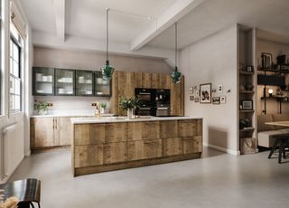 A kitchen in a neutral color scheme with natural wooden cabinetry