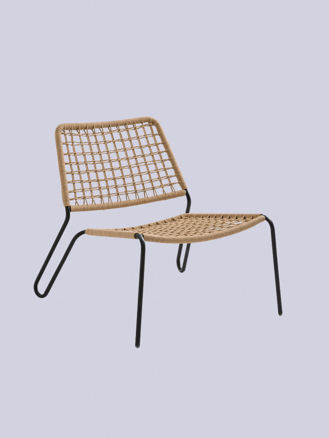 A rattan chair with a black structural base