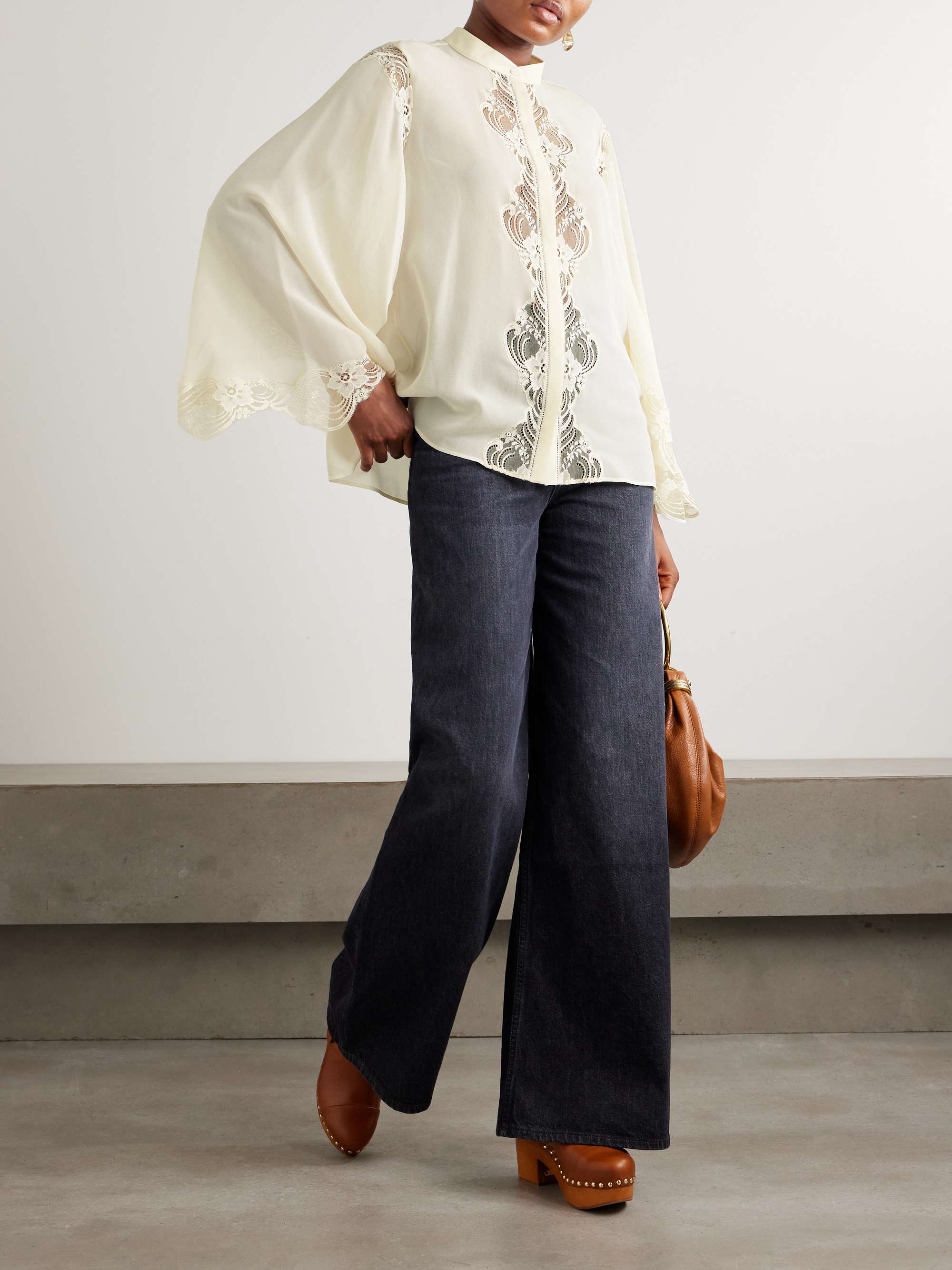 Embroidered Lace-Trimmed Organic Silk-Georgette Blouse