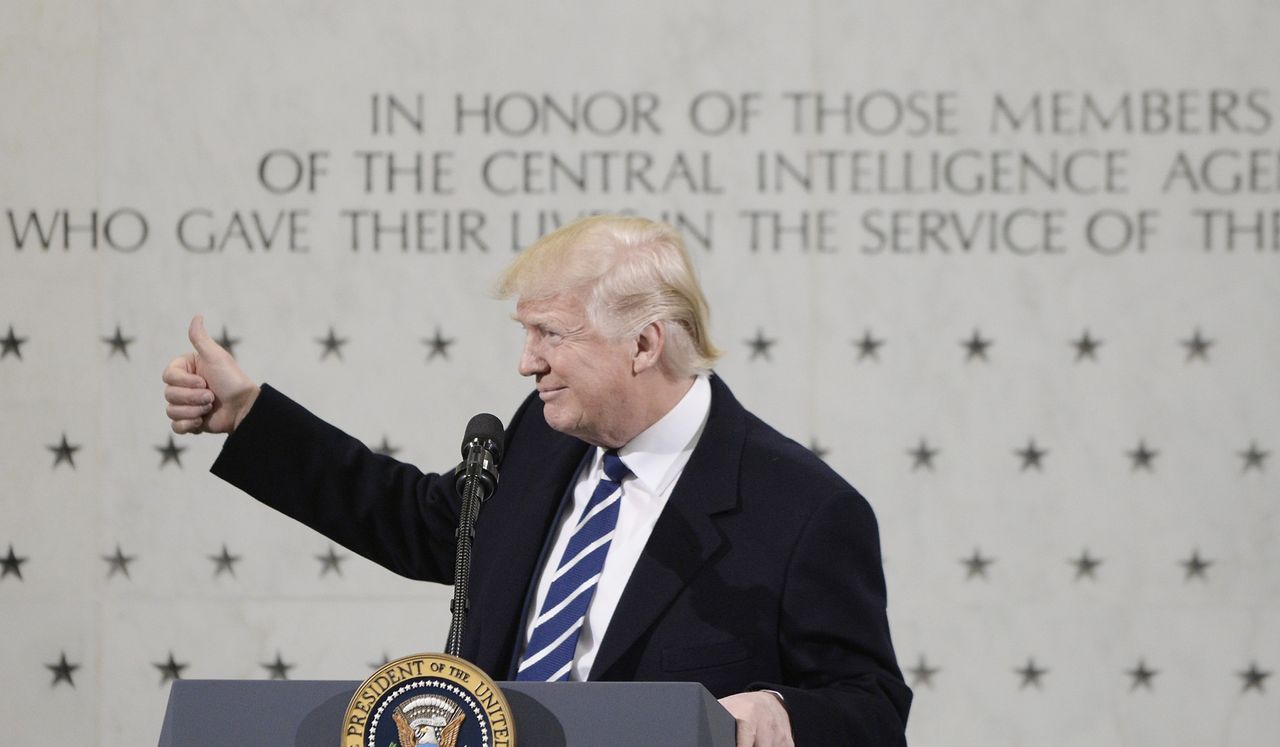 LANGLEY, VA - JANUARY 21: US President Donald Trump speaks at the CIA headquarters on January 21, 2017 in Langley, Virginia . Trump spoke with about 300 people in his first official visit with a government agency. 