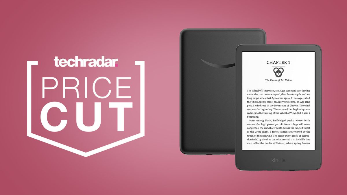 Amazon Kindle on a pink background next to TechRadar deals price cut badge