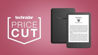 Amazon Kindle on a pink background next to TechRadar deals price cut badge