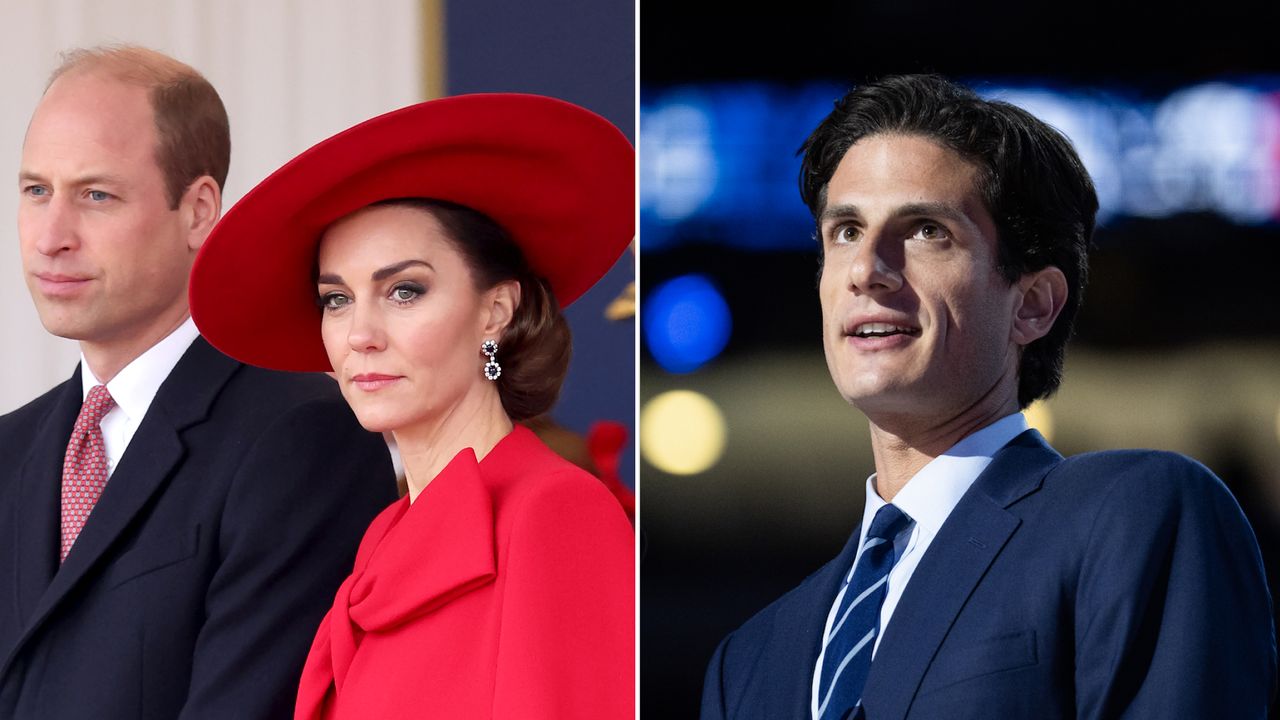 Jack Schlossberg stands onstage at the 2024 Democratic National Convention wearing a dark blue suit with a striped tie, and Kate Middleton wears a wide-brimmed red hat with a matching bright red dress while standing with husband Prince William