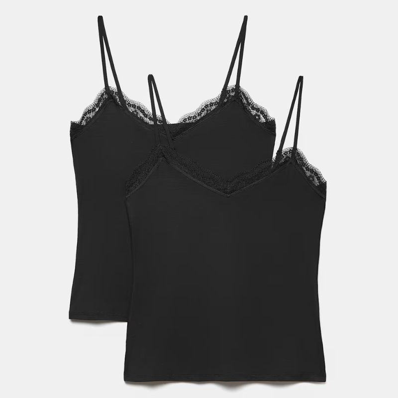 M&amp;amp;S, black, lace-trimmed vests