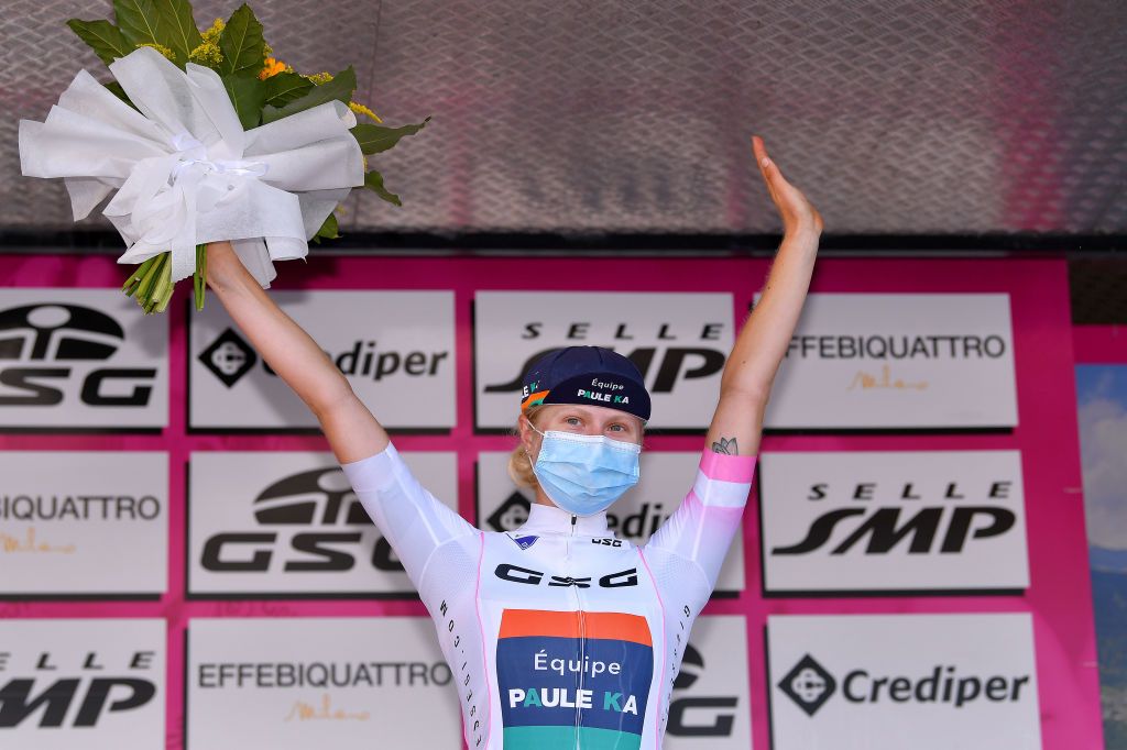 TIVOLI ITALY SEPTEMBER 14 Podium Mikayla Harvey of New Zealand and Team Paule Ka White Best Young Jersey Celebration Mask Covid safety measures Flowers during the 31st Giro dItalia Internazionale Femminile 2020 Stage 4 a 1703km stage from Assisi to Tivoli 237m GiroRosaIccrea GiroRosa on September 14 2020 in Tivoli Italy Photo by Luc ClaessenGetty Images