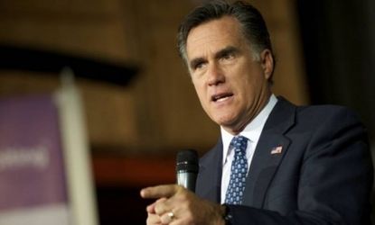 Mitt Romney holds forth in Chantilly, Va., on May 2: If Romney vowed to break up banks that have been deemed "Too Big Too Fail," it would "undercut the charge that he's a creature of Wall Str