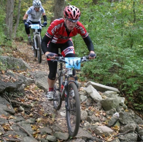 A Ripon College racer negotiates a technical section of trail.