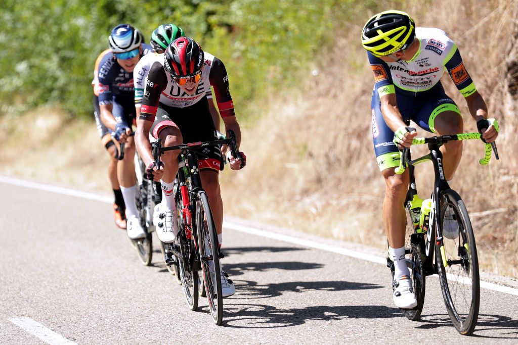 ESPINOSA DE LOS MONTEROS SPAIN AUGUST 16 Joseph Lloyd Dombrowski of United States and UAE Team Emirates competes in the breakaway during the 76th Tour of Spain 2021 Stage 3 a 2028km stage from Santo Domingo de Silos to Espinosa de los Monteros Picn Blanco 1485m lavuelta LaVuelta21 CapitalMundialdelCiclismo on August 16 2021 in Espinosa de los Monteros Spain Photo by Gonzalo Arroyo MorenoGetty Images