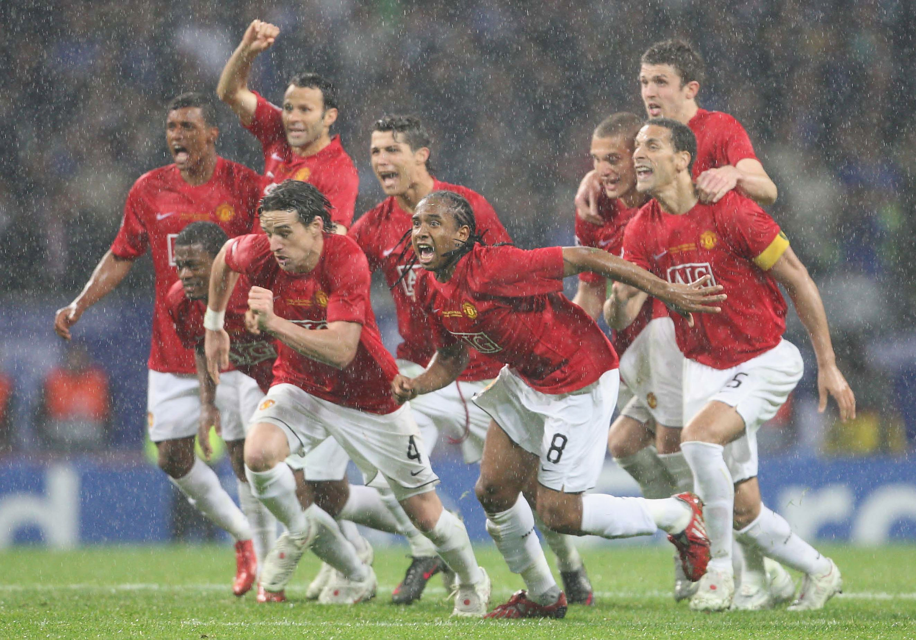 Manchester United players celebrate victory on penalties against Chelsea in the 2008 Champions League final in Moscow.