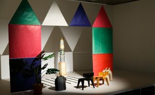 Another fascinating reproduction in the exhibition is this tableau of 'The Toy' and plywood children's furniture set up in the Eames Office.