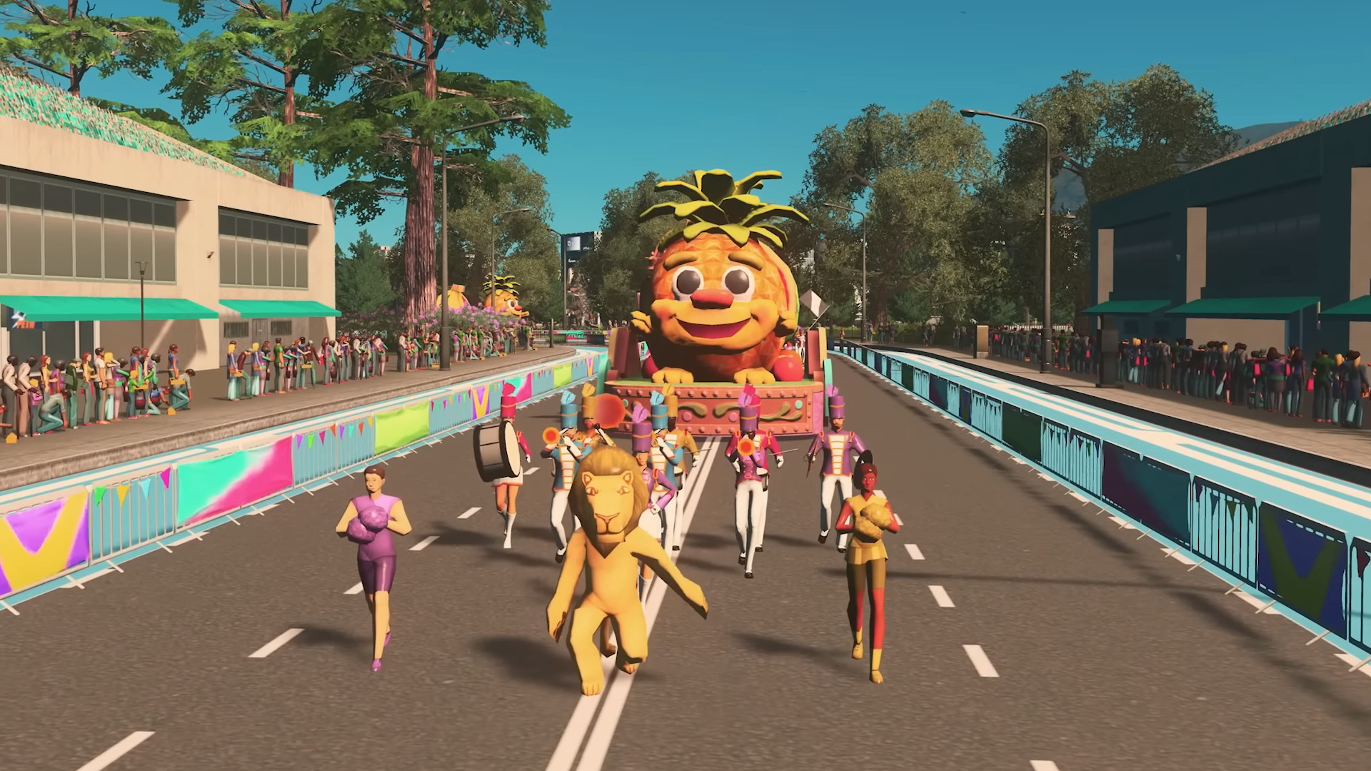 A parade rolls down the street in the Race Day DLC for Cities: Skylines