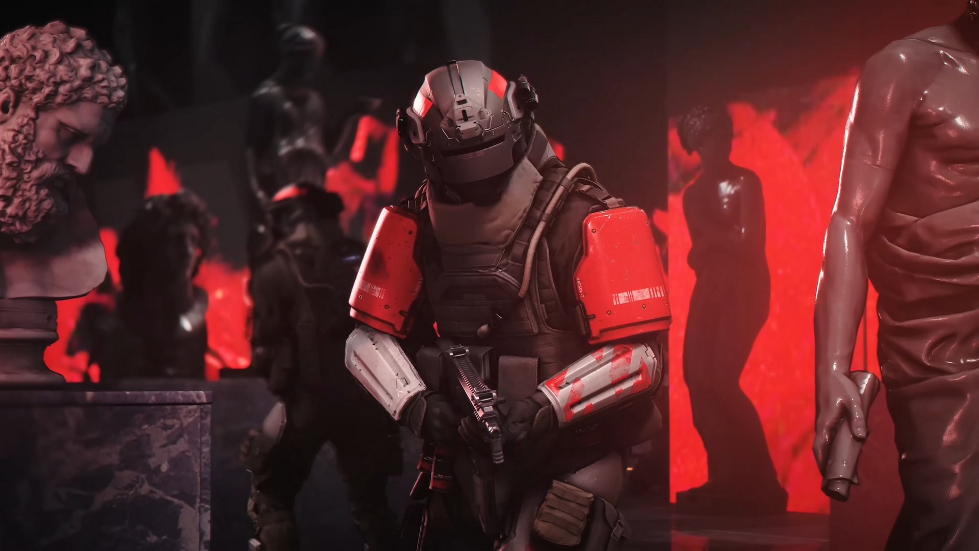 Security guards arrive in a red room filled with sculptures in 007 First Light, with chunky, modern armor and padding