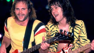 Michael Anthony and Eddie Van Halen (1955 - 2020), both of the group Van Halen, perform onstage at the Jacksonville Coliseum, Jacksonville, Florida