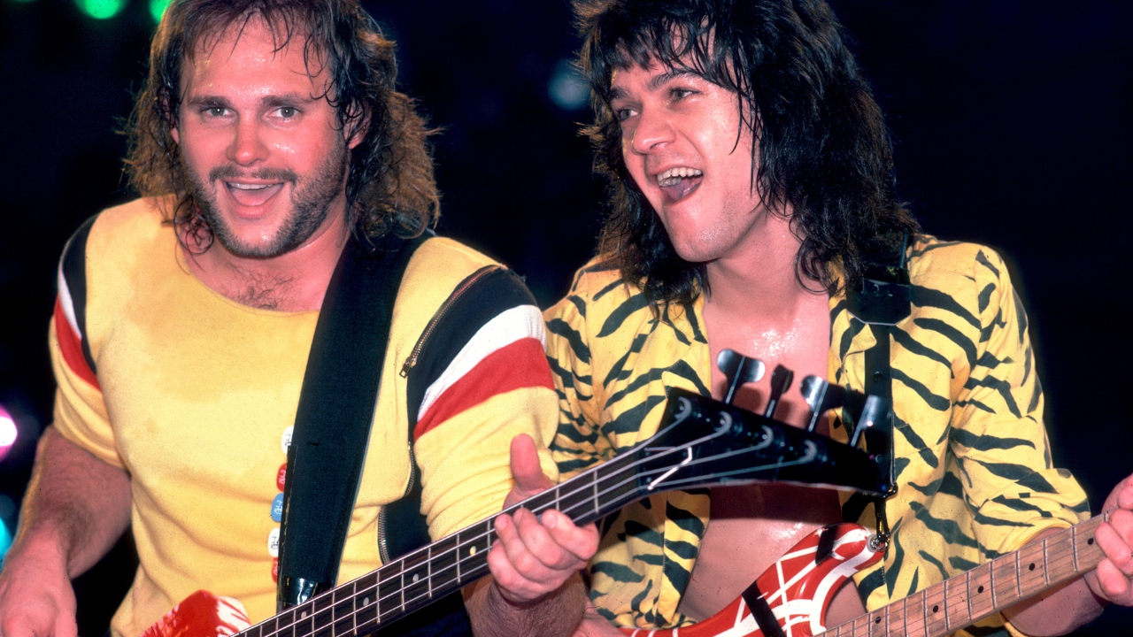 Michael Anthony and Eddie Van Halen (1955 - 2020), both of the group Van Halen, perform onstage at the Jacksonville Coliseum, Jacksonville, Florida