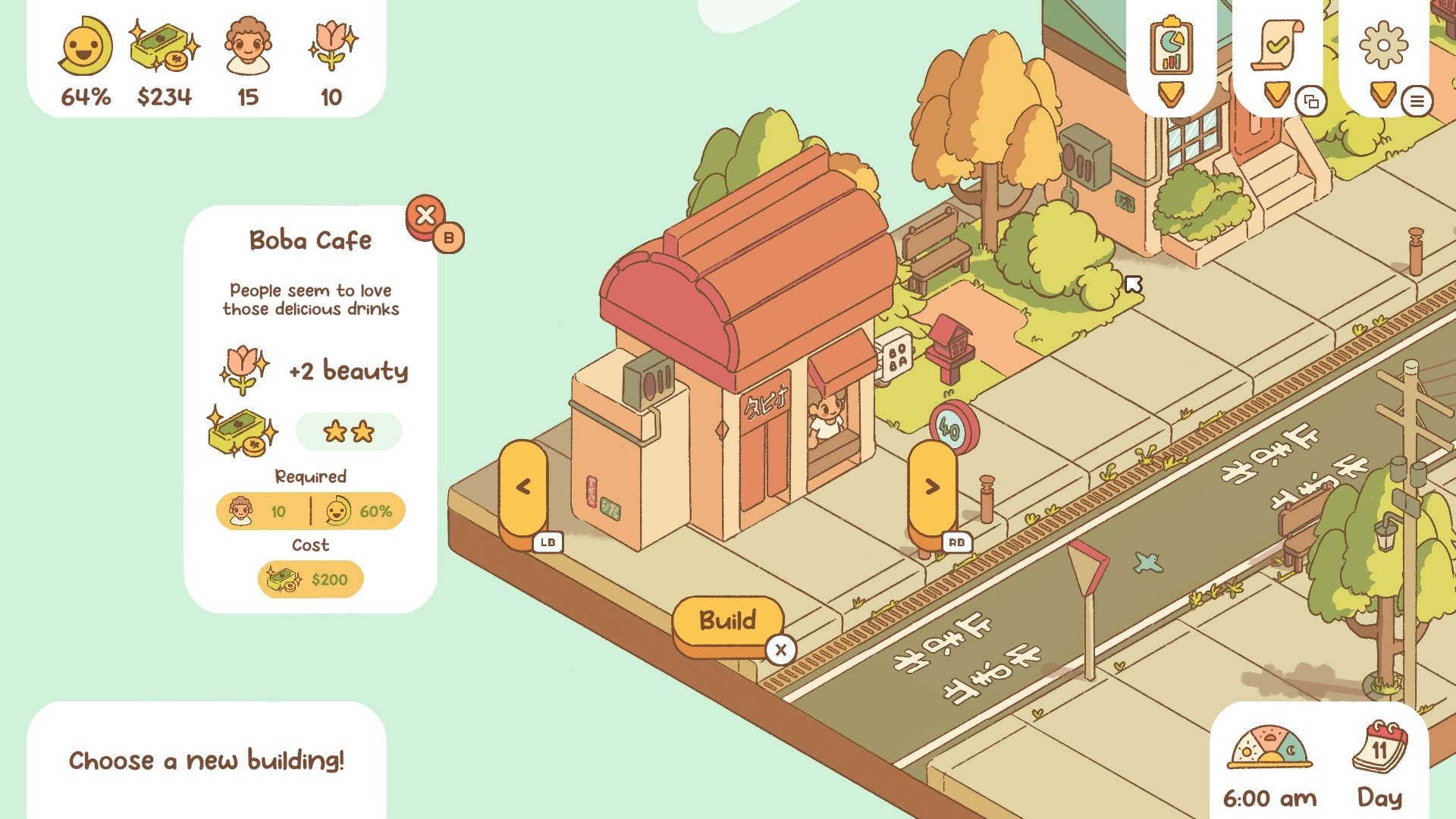 Minami Lane screenshot of a boba cafe which increases income and beauty for the street and requires 10 people and a 60% satisfaction rating and $200 to build