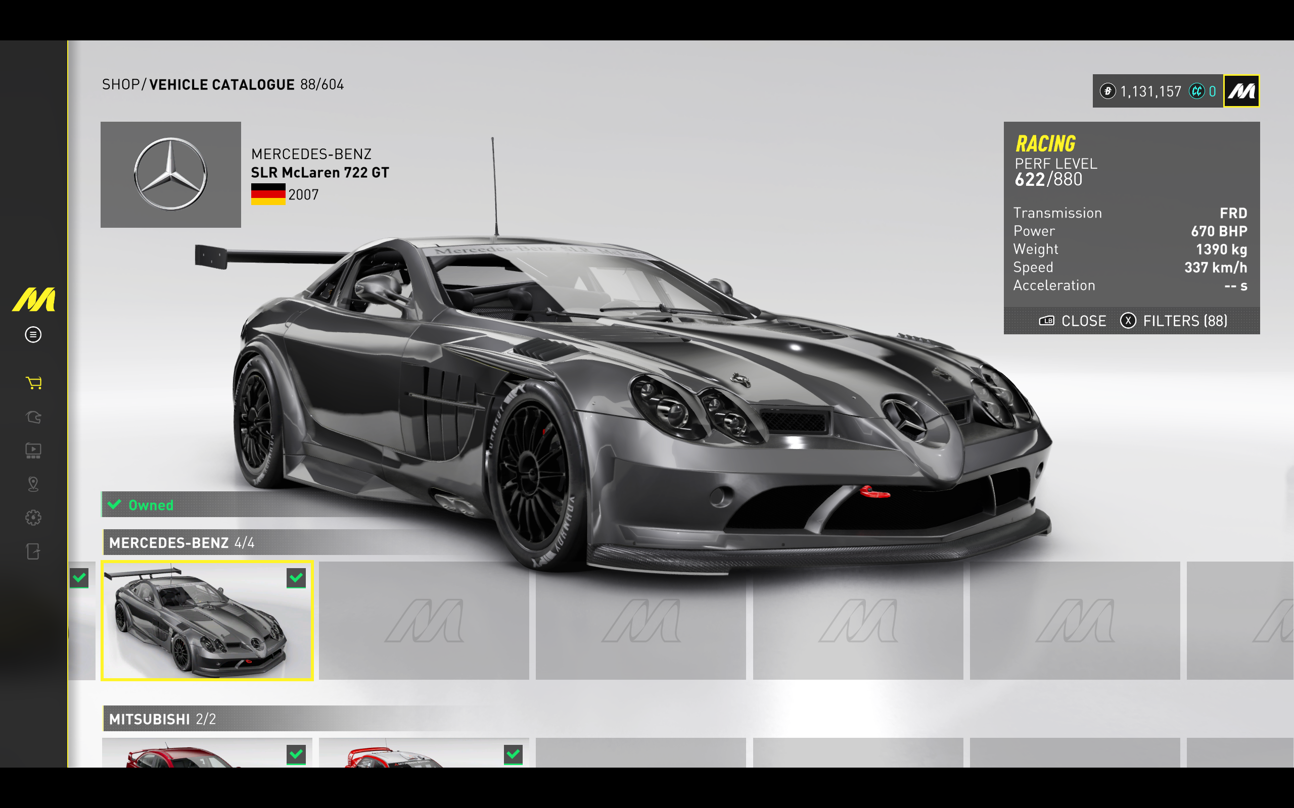 A Mercedes Benz car in the car select screen in The Crew Motorfest.