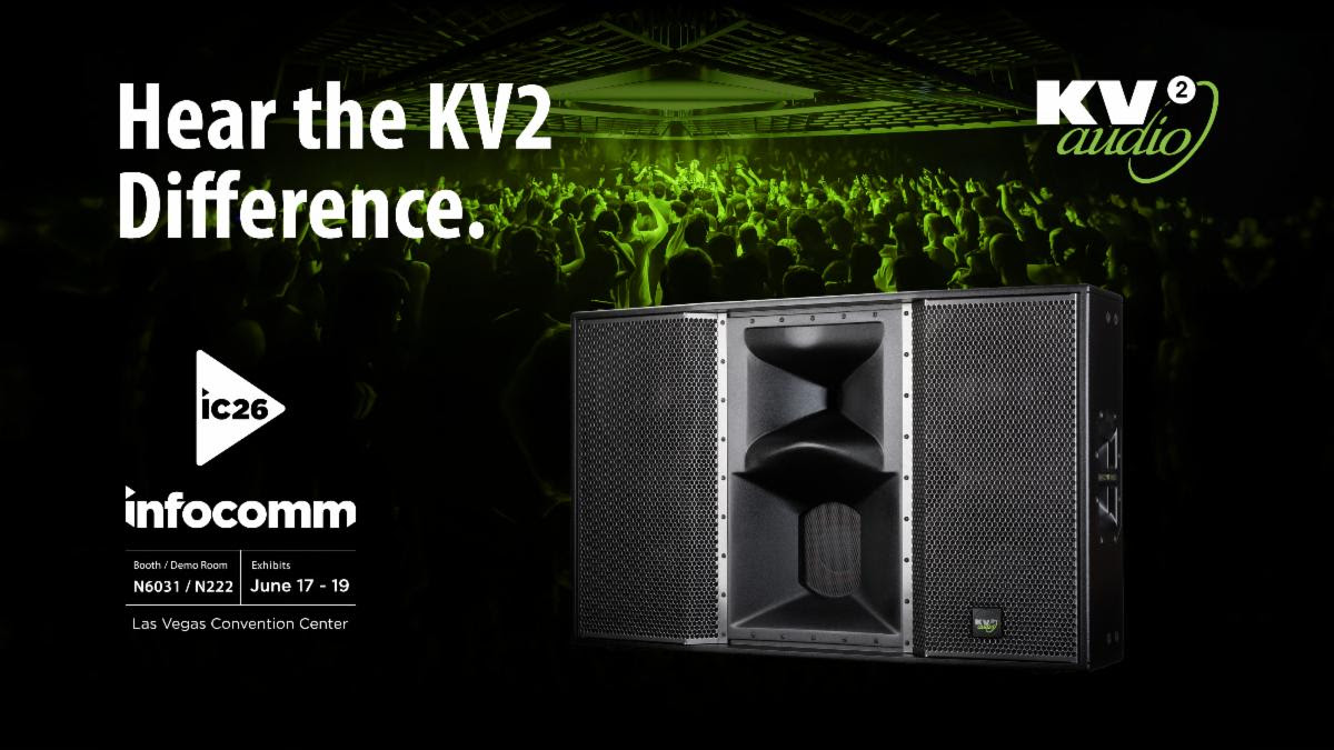 The KV2 Audio InfoComm banner with an amplifier pictured in a concert setting.