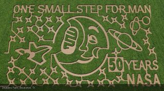 Dewberry Farm in Brookshire, Texas spotlights the first manned moon landing of Apollo 11 in its design for a space-themed corn maze. The maze is one of seven corn mazes across the United States by farms participating in the Space Farm 7 project in 2011.