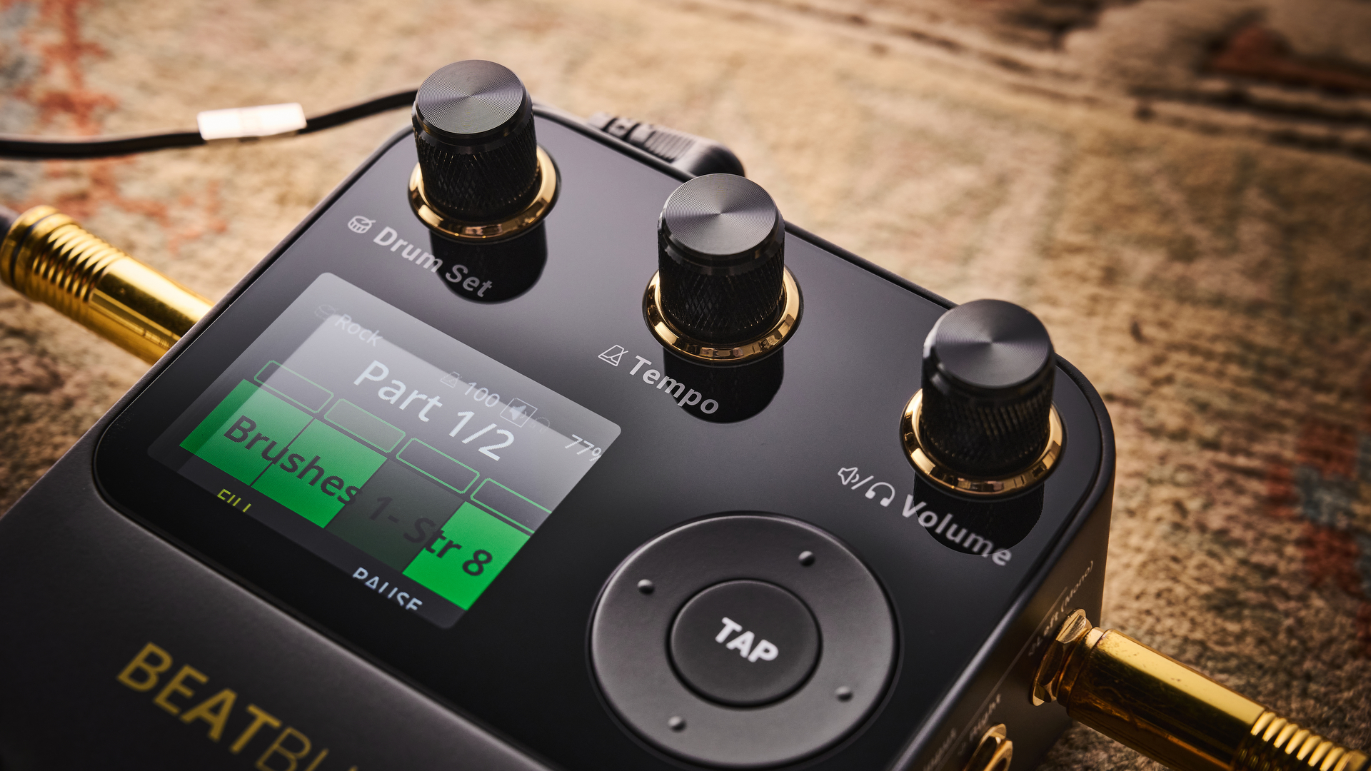 The knobs on the Singular Sound BeatBuddy 2 drum machine pedal