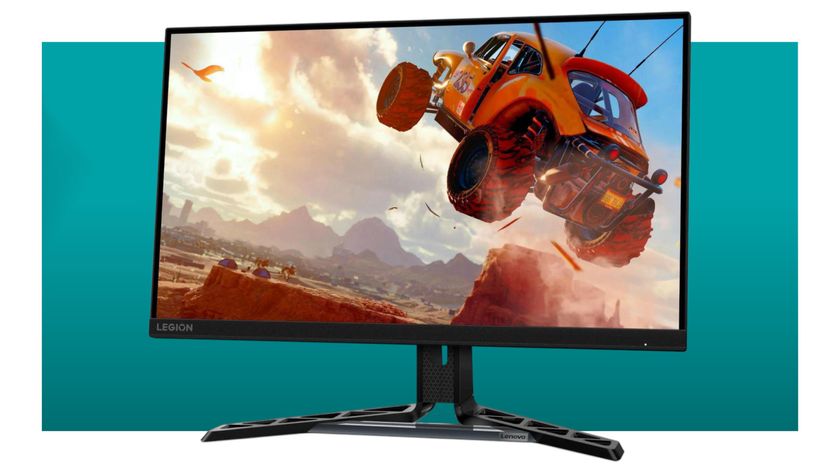 An image of a Lenovo gaming monitor against a teal background with a white border