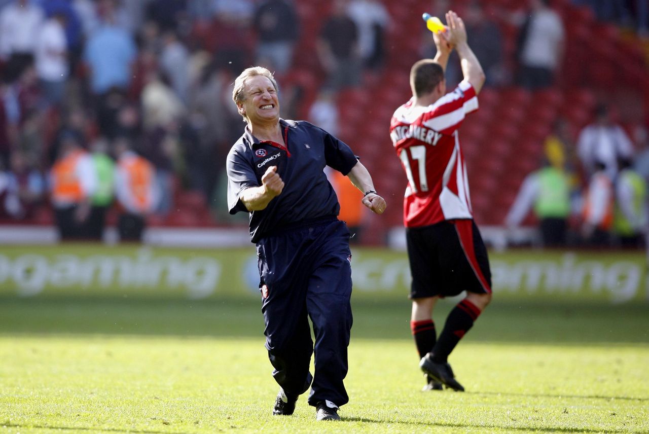 Sheffield United manager Neil Warnock celebrates a win against West Brom, April 2007