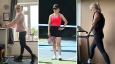 Editor Kerrie Hughes wearing workout clothes on Amazon at home, walking on treadmill, on a pickleball court, and wearing a weighted vest