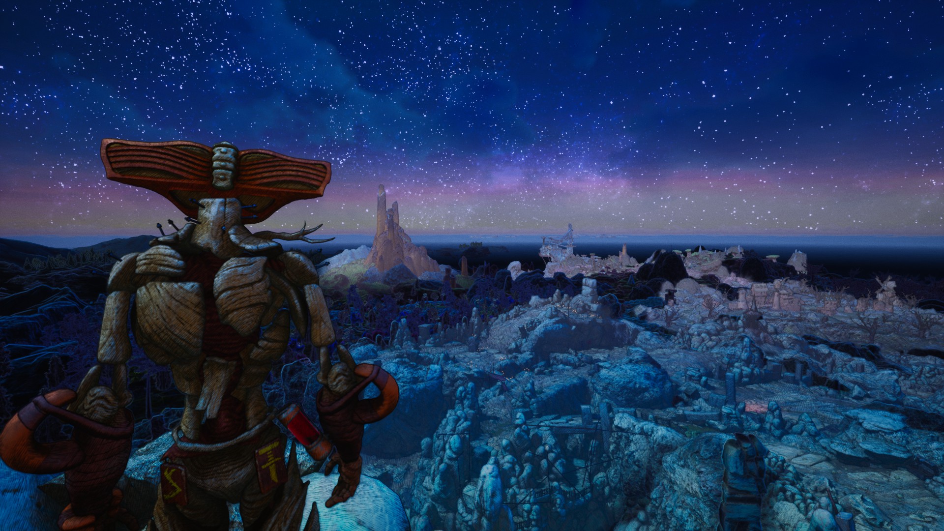 Pseudo, in his wooden form, looking at the landscape at night in Clash: Artifacts of Chaos.