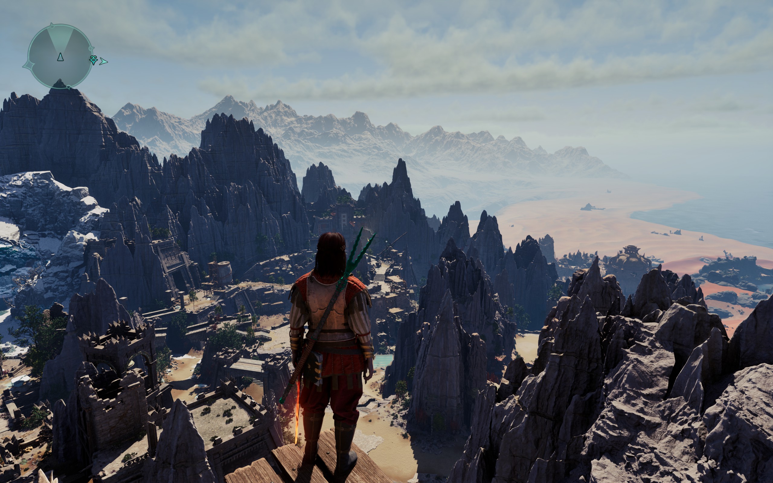 Avowed - screenshot showing the customisable protagonist beholding a dramatic rocky landscape