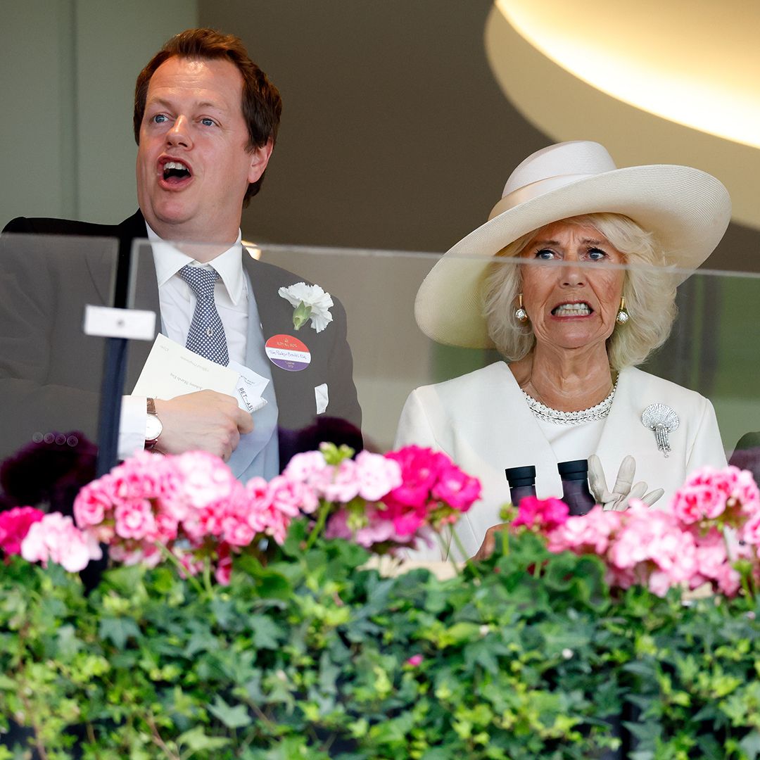 ASCOT, UNITED KINGDOM - JUNE 20: (EMBARGOED FOR PUBLICATION IN UK NEWSPAPERS UNTIL 24 HOURS AFTER CREATE DATE AND TIME) Tom Parker Bowles, Queen Camilla (wearing the Courtauld Thomson Scallop-Shell Brooch, which was worn by both Queen Elizabeth, The Queen Mother and Queen Elizabeth II) and King Charles III watch the racing on day one of Royal Ascot 2023 at Ascot Racecourse on June 20, 2023 in Ascot, England. (Photo by Max Mumby/Indigo/Getty Images)
