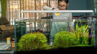 Girl playing with fish tank