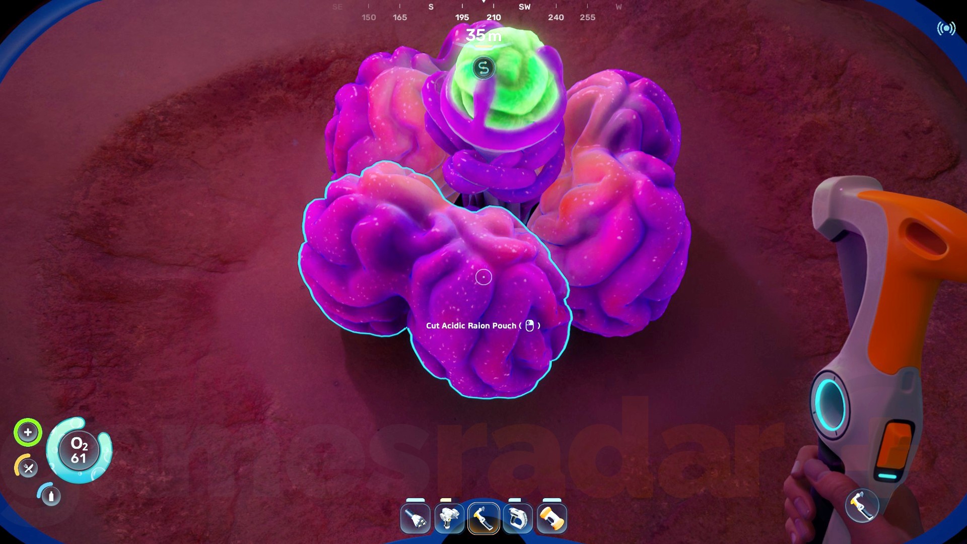 A player cuts an Acidic Raion Pouch, needed for crafting a fabricator in Subnautica 2.