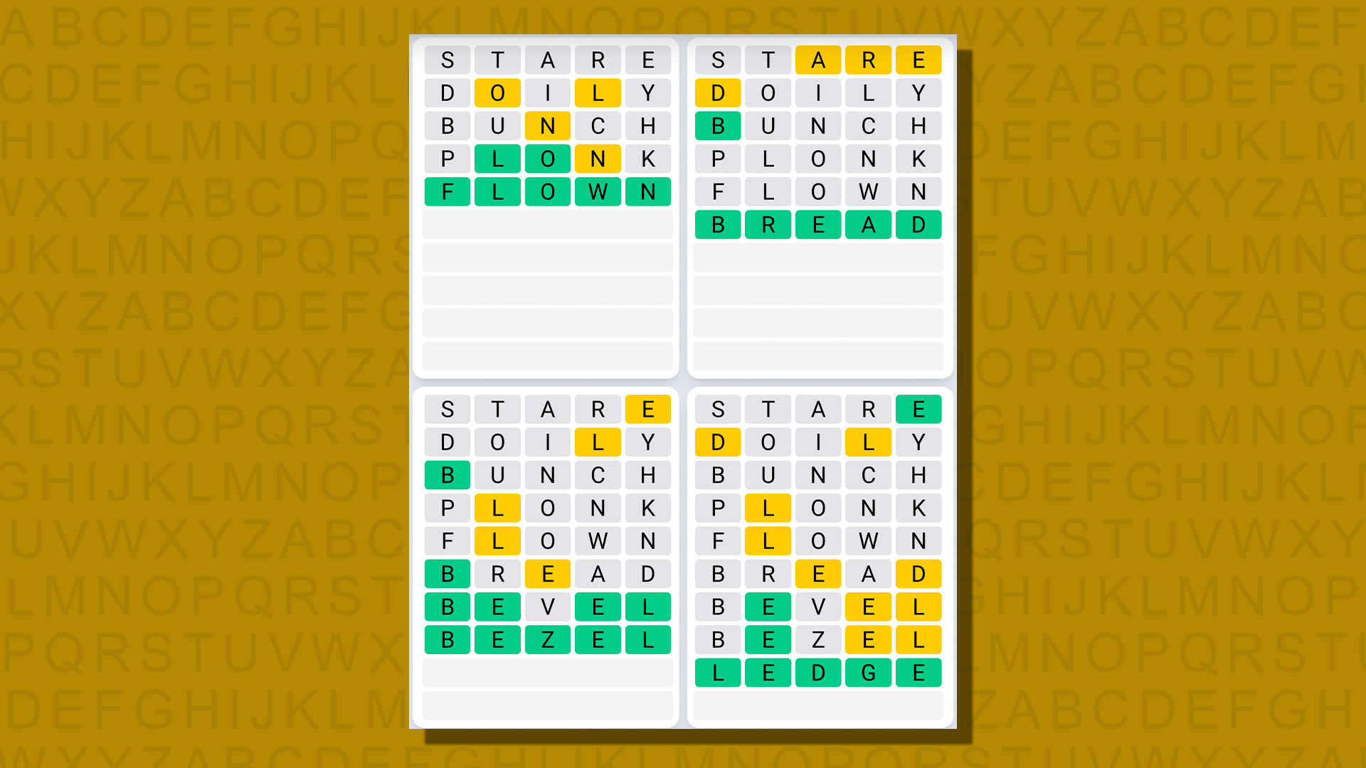 Respuestas de secuencia diaria de Quordle para el juego 762 sobre un fondo amarillo