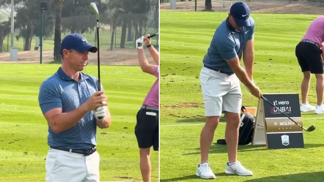 Rory McIlroy warms up with a small golf club