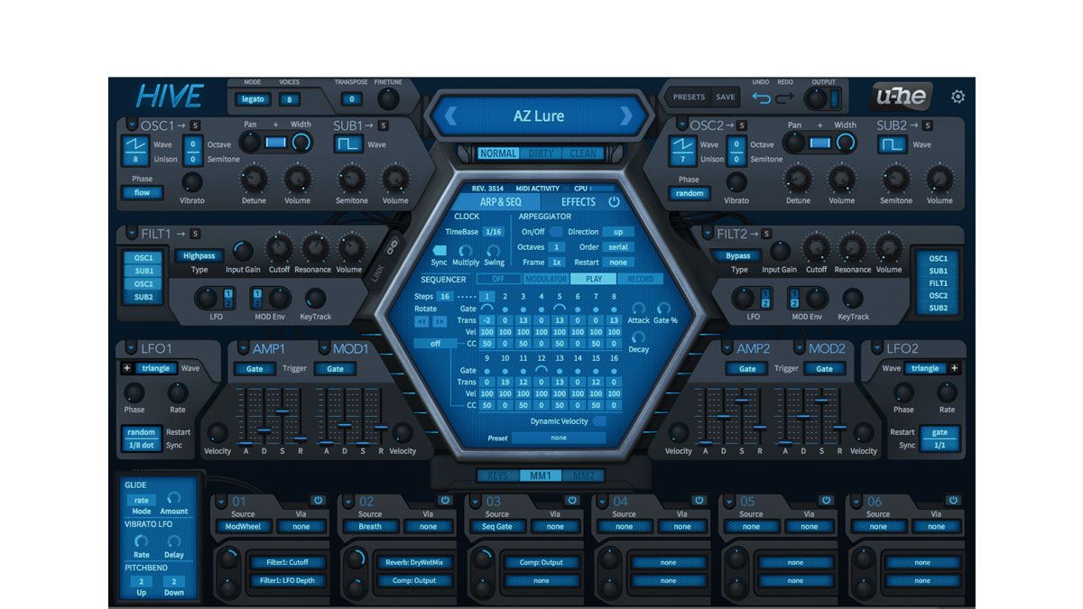 Hive's six effects and arpeggiator/sequencer controls live in the central hexagon