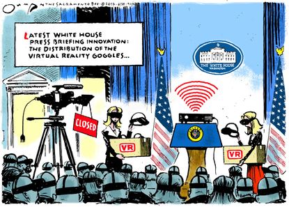 Political cartoon U.S. White House press briefing virtual reality goggles