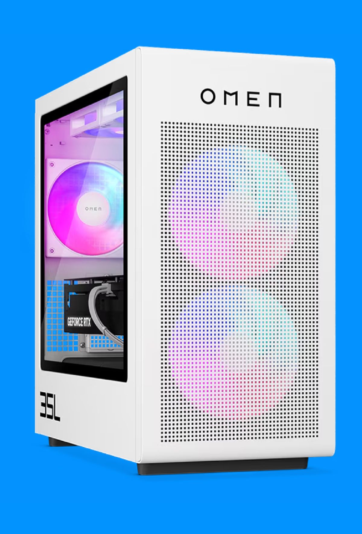 The HP Omen 35L gaming PC in white on a blue background