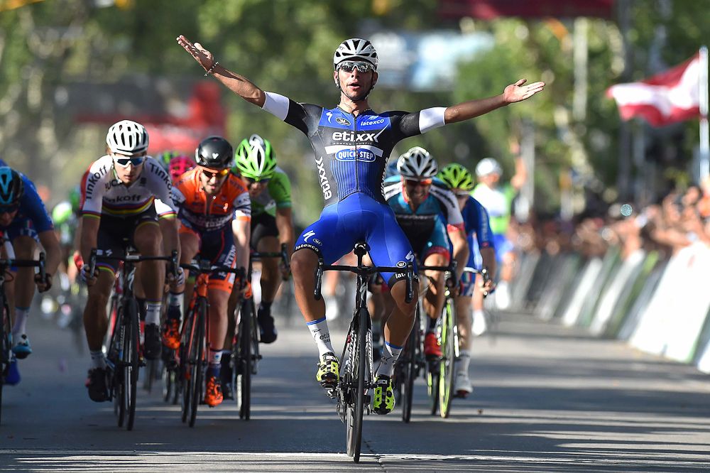 Fernando Gaviria celebrates winning stage 2 at the Tour de San Luis.