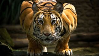 A photo of a tiger crouched down and staring at the camera.